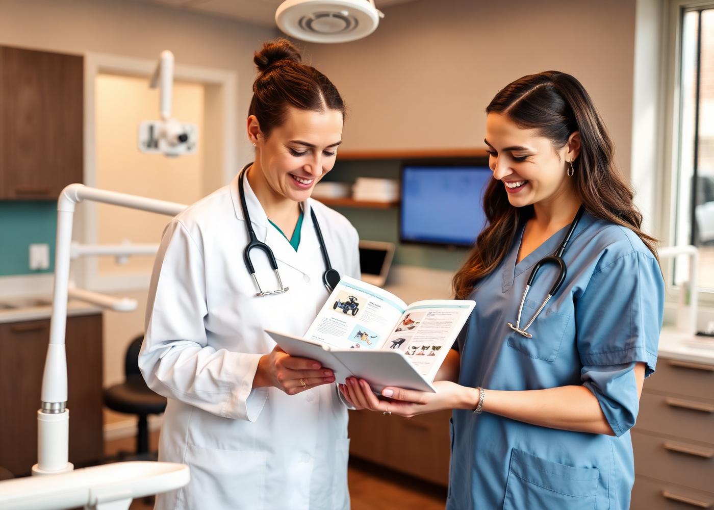 Dental professionals reviewing a supply catalog