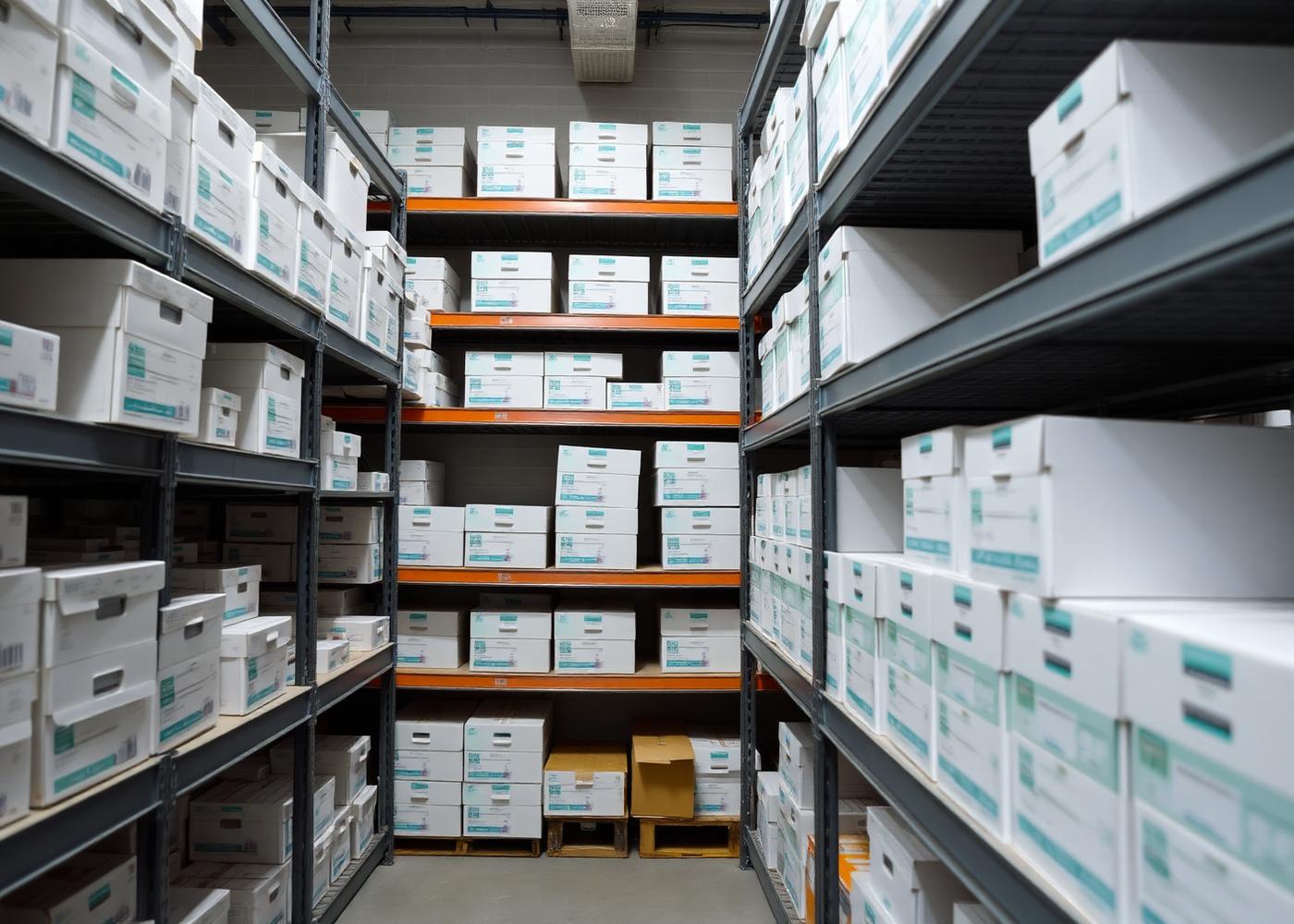 KrypDent warehouse shelves stocked with dental supply boxes
